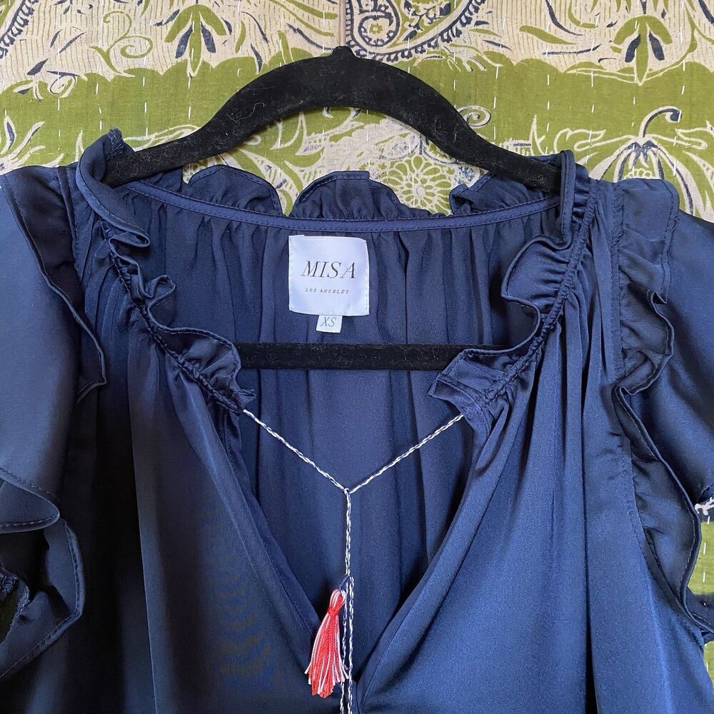 NWOT Misa Blue Fleur Pom Pom Sleeveless V-Neck Satin Blouse Size Extra Small - Picture 3 of 15